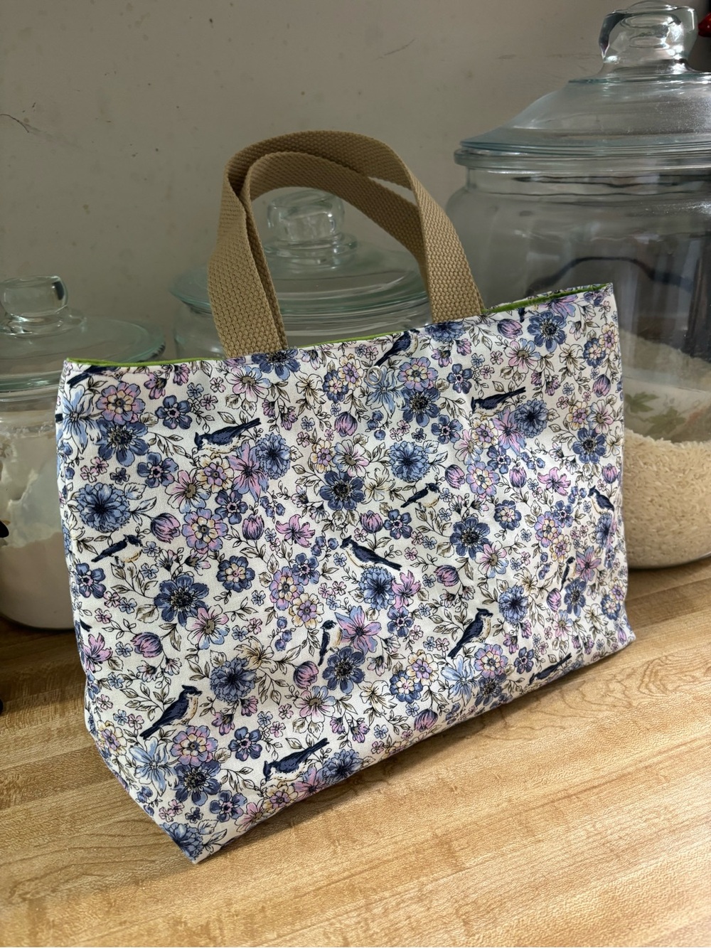 Floral Bird Print Tote Bag in White and Blue - Brand